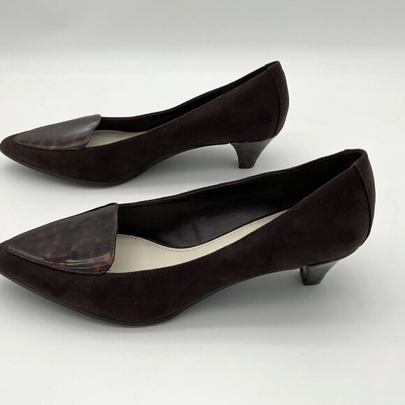 Anne Klein MEDLEY Slip On Brown Suede Low Heels Tortoiseshell Vamp & Heel 11M - Picture 3 of 11